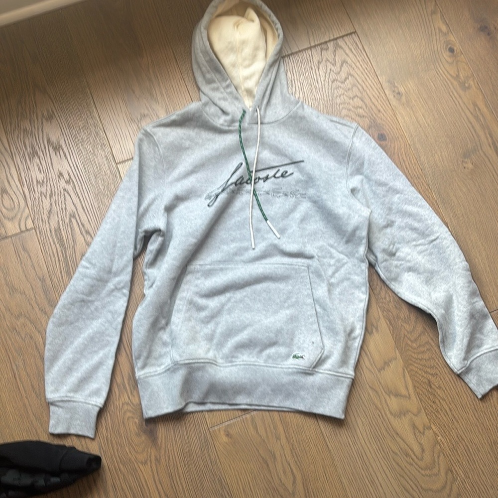 Lacoste Gray Sweatshirt with Hood and Ribbed Cuffs